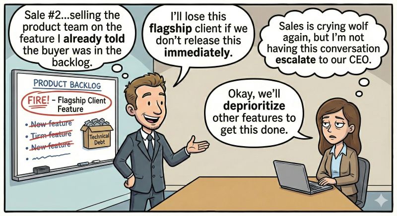Cartoon of a lab software sales representative making the secondary sale internally to get the product development team to fulfil the commitments they have made to adapt to the new customer's bad process.