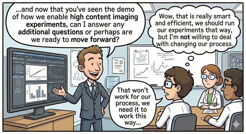 Cartoon of lab informatics sales representative being told their good software needs adjustment to fit the customer's bad process.
